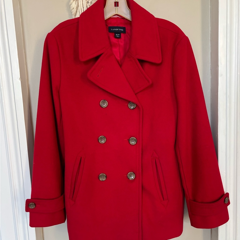 Lands' End Women's Red Double-Breasted wool blend Peacoat